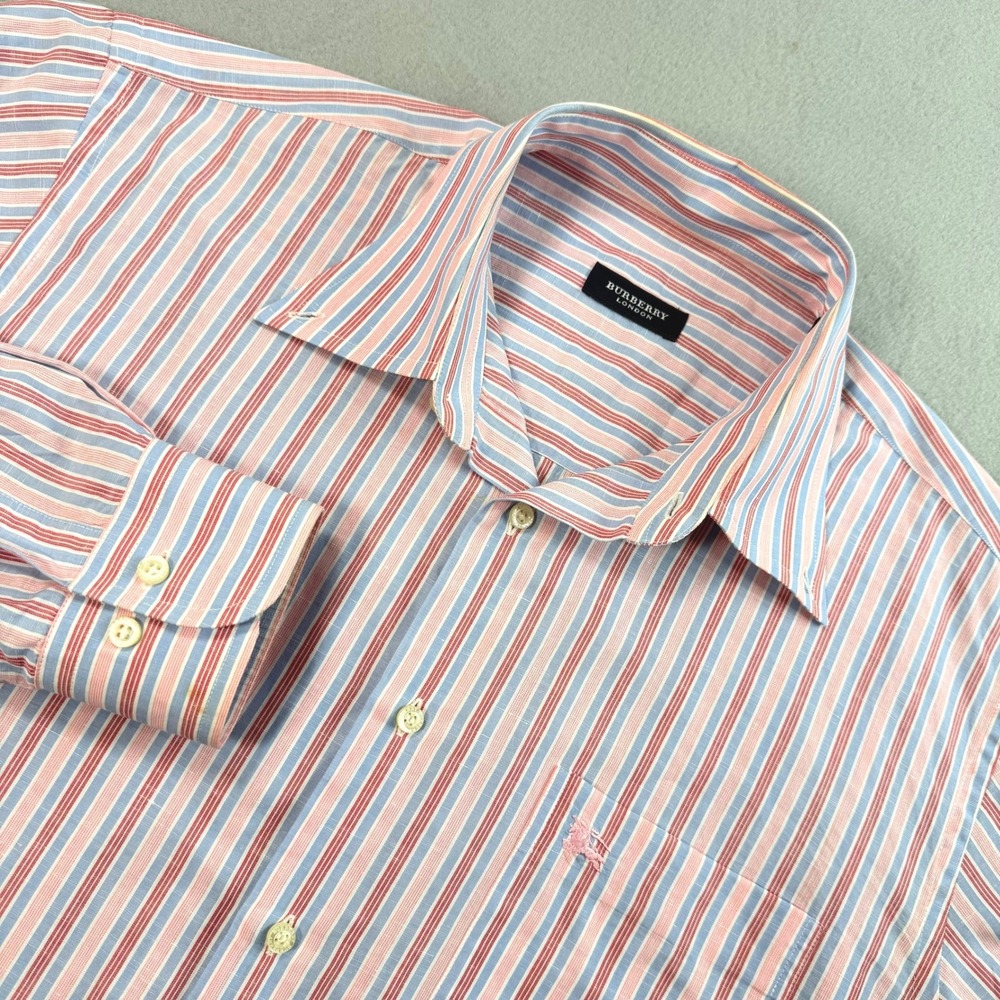 Vtg Burberry Striped Cotton Linen Button-down Pink Shirt Rare Sample Sz L